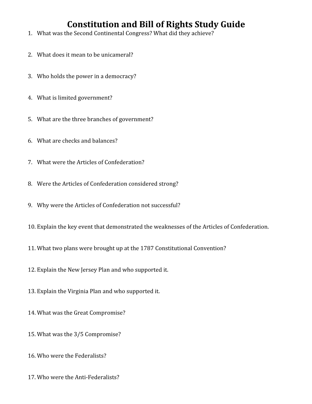 Constitution and Bill of Rights Study Guide