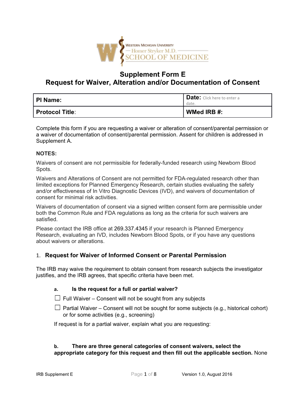 Request for Waiver, Alteration And/Or Documentation of Consent