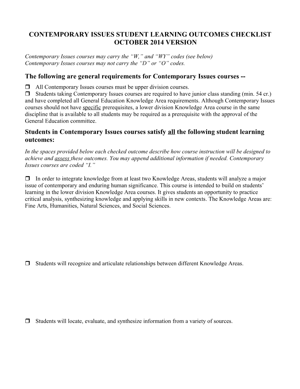 Natural Sciences Knowledge Area: Student Learning Outcomes Checklist