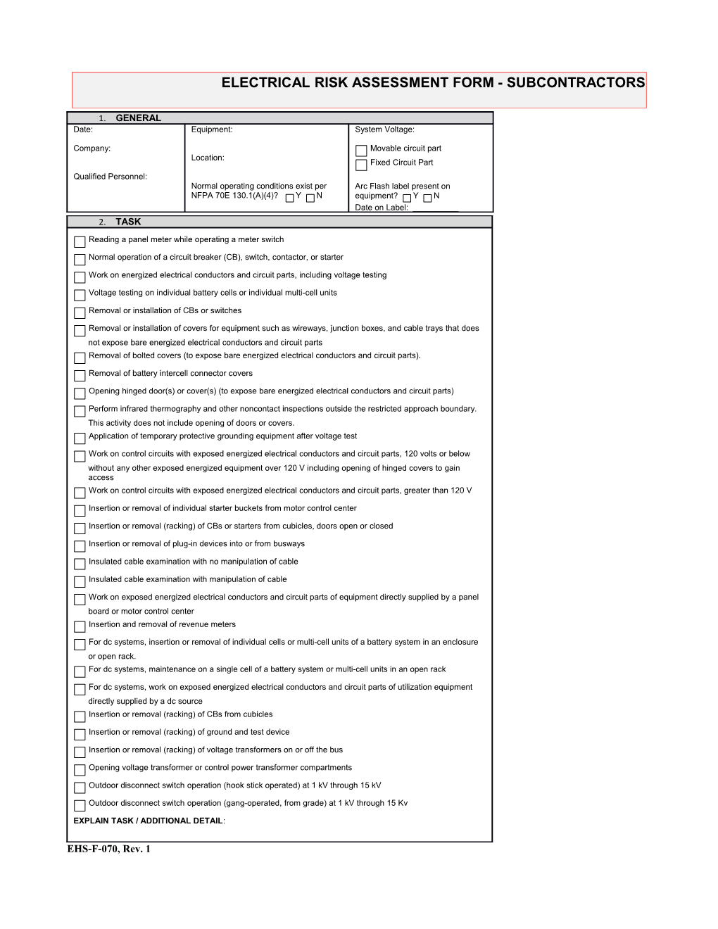 Electrical Risk Assessment Form - Subcontractors