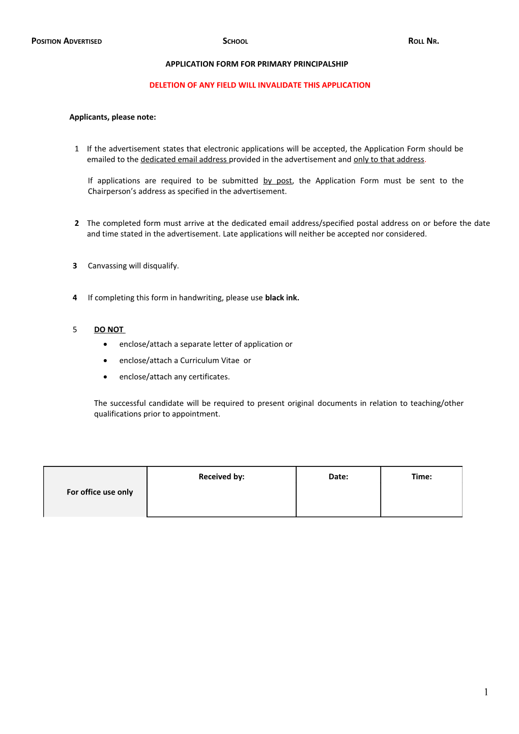 Application Form for Primary Principalship