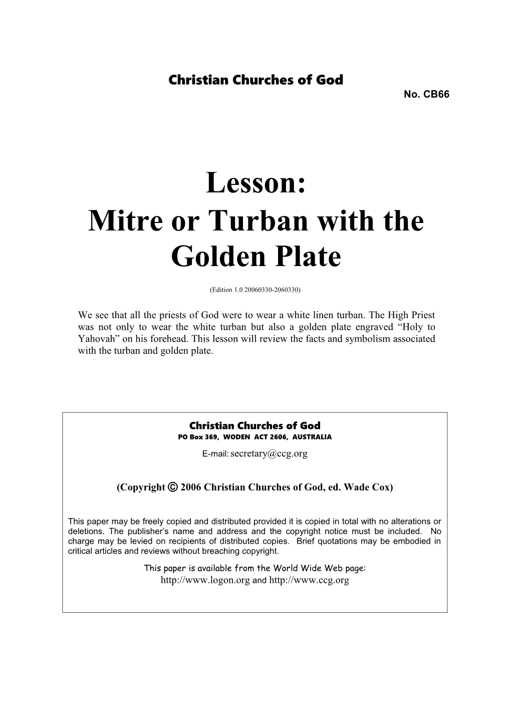 Lesson: Mitre Or Turban with the Golden Plate (No. CB66)