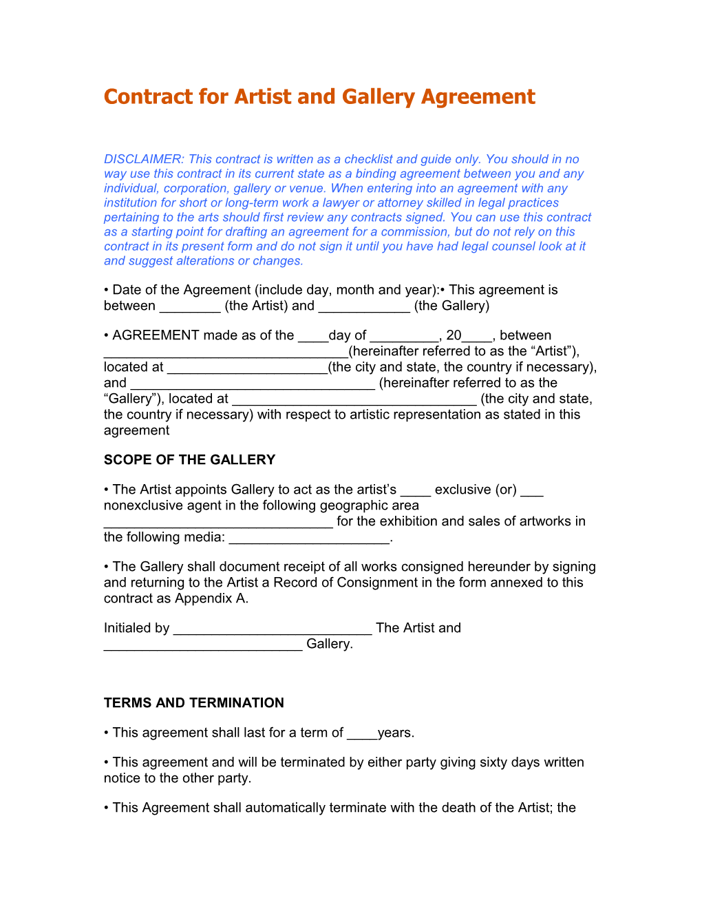 Contract for Artist and Gallery Agreement