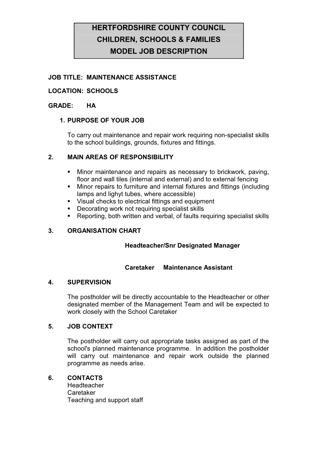 Maintenance Assistant -Model Job Description