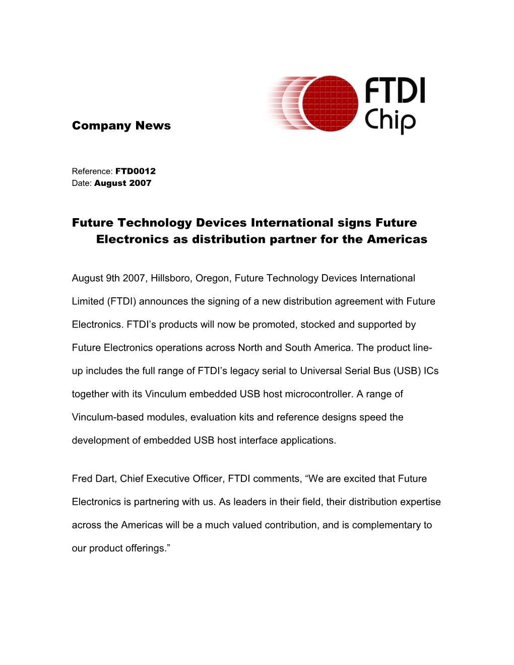 Future Technology Devices International Signs Future Electronics As Distribution Partner