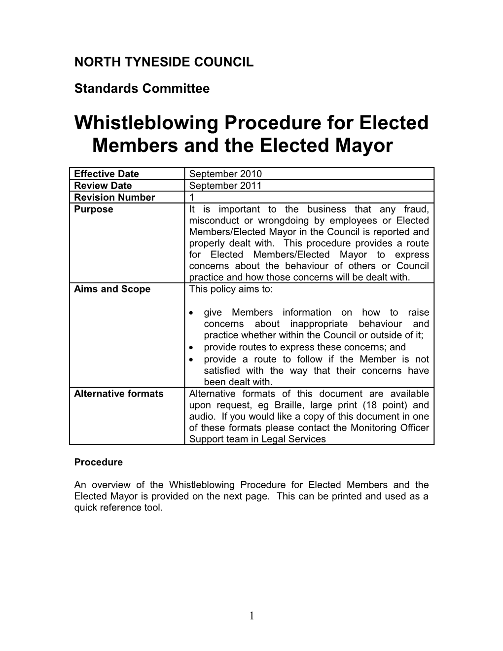 Whistleblowing Procedure for Elected Members and the Elected Mayor