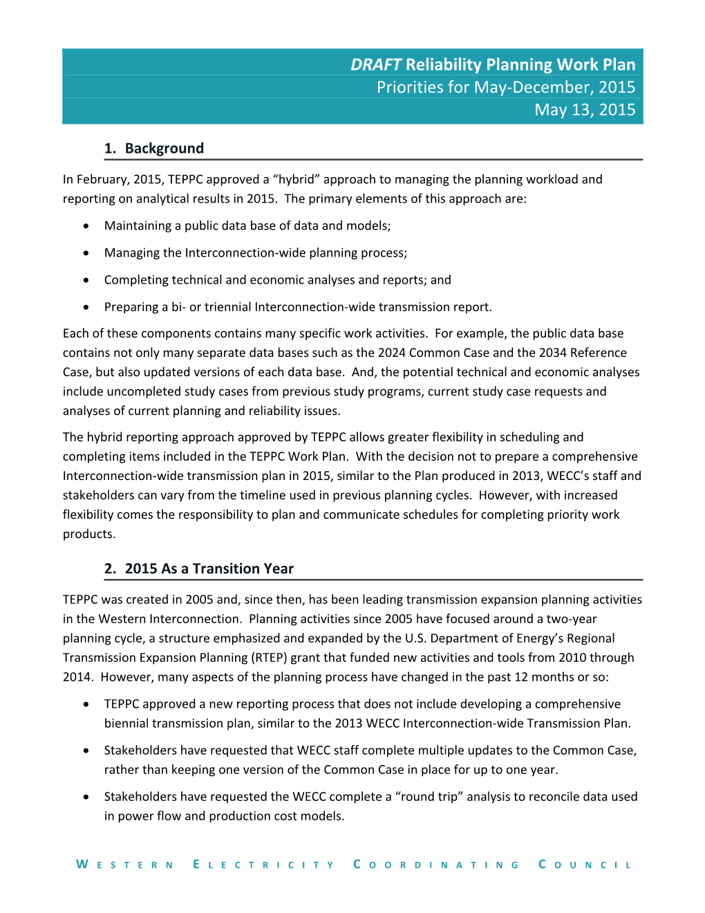 Reliability Planning Priorities 20151