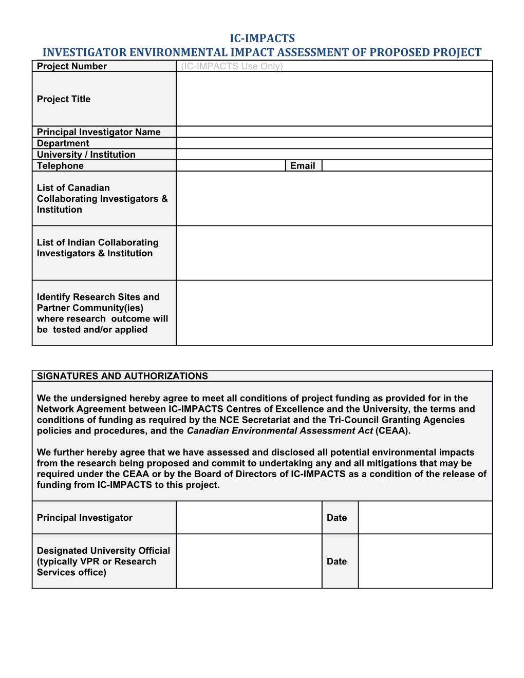 Investigator Environmental Impact Assessment of Proposed Project