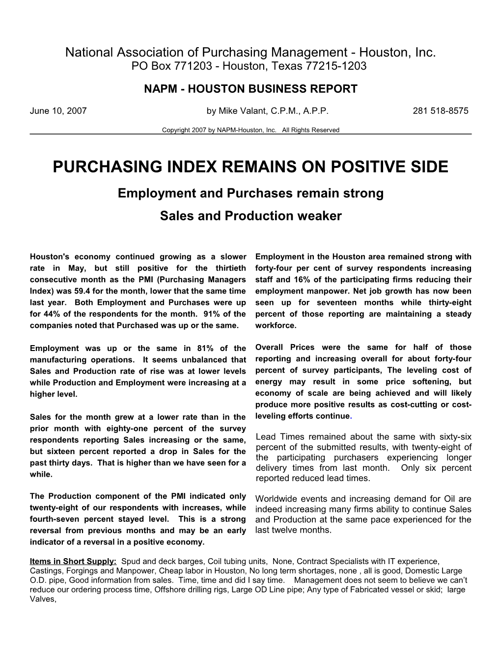 NAPM - Houston, Inc, Business Report May 2007