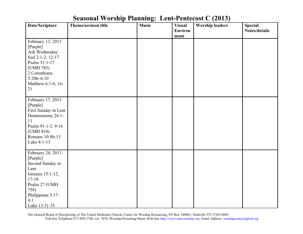 Seasonal Worship Planning: Lent-Pentecost C (2013)