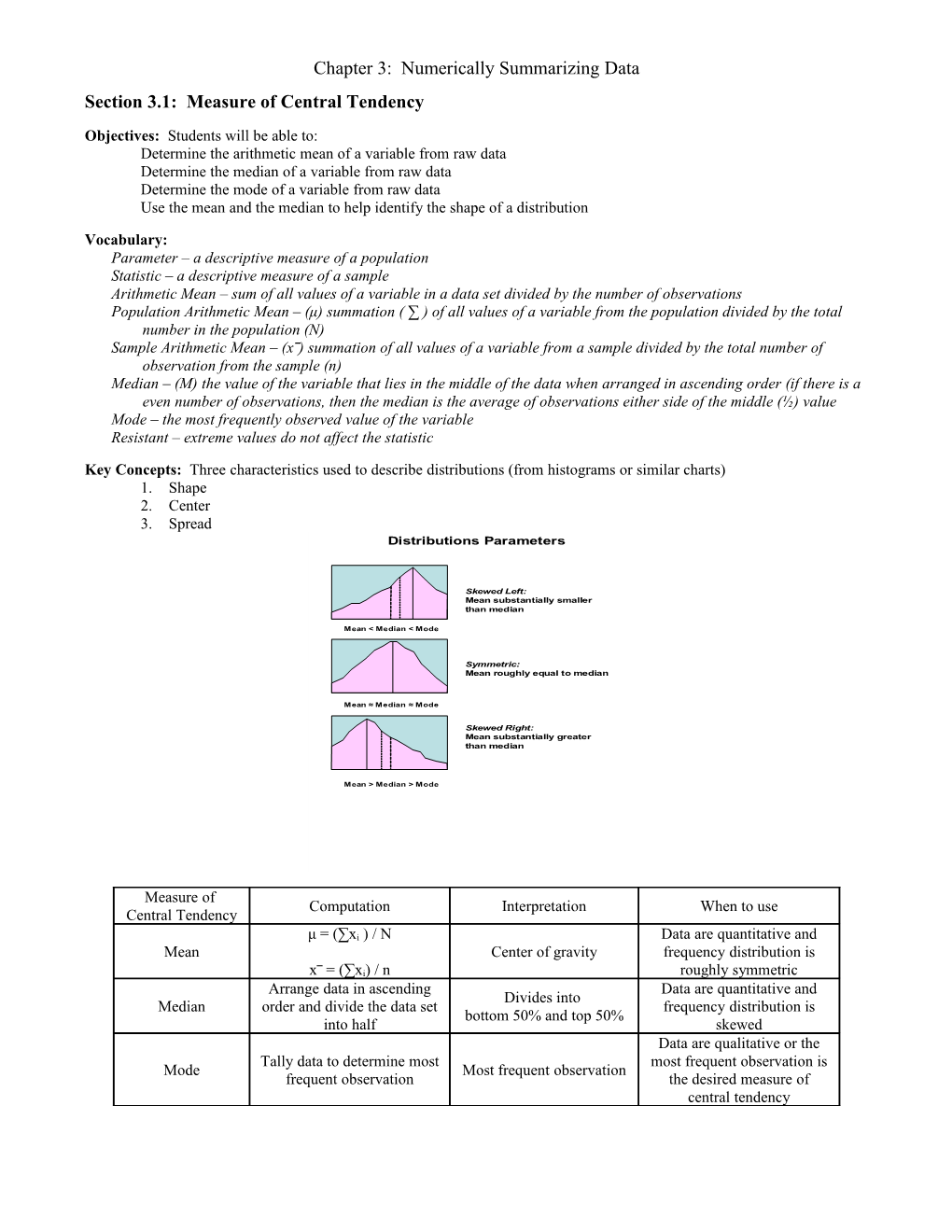 Section 3.1: Measure of Central Tendency