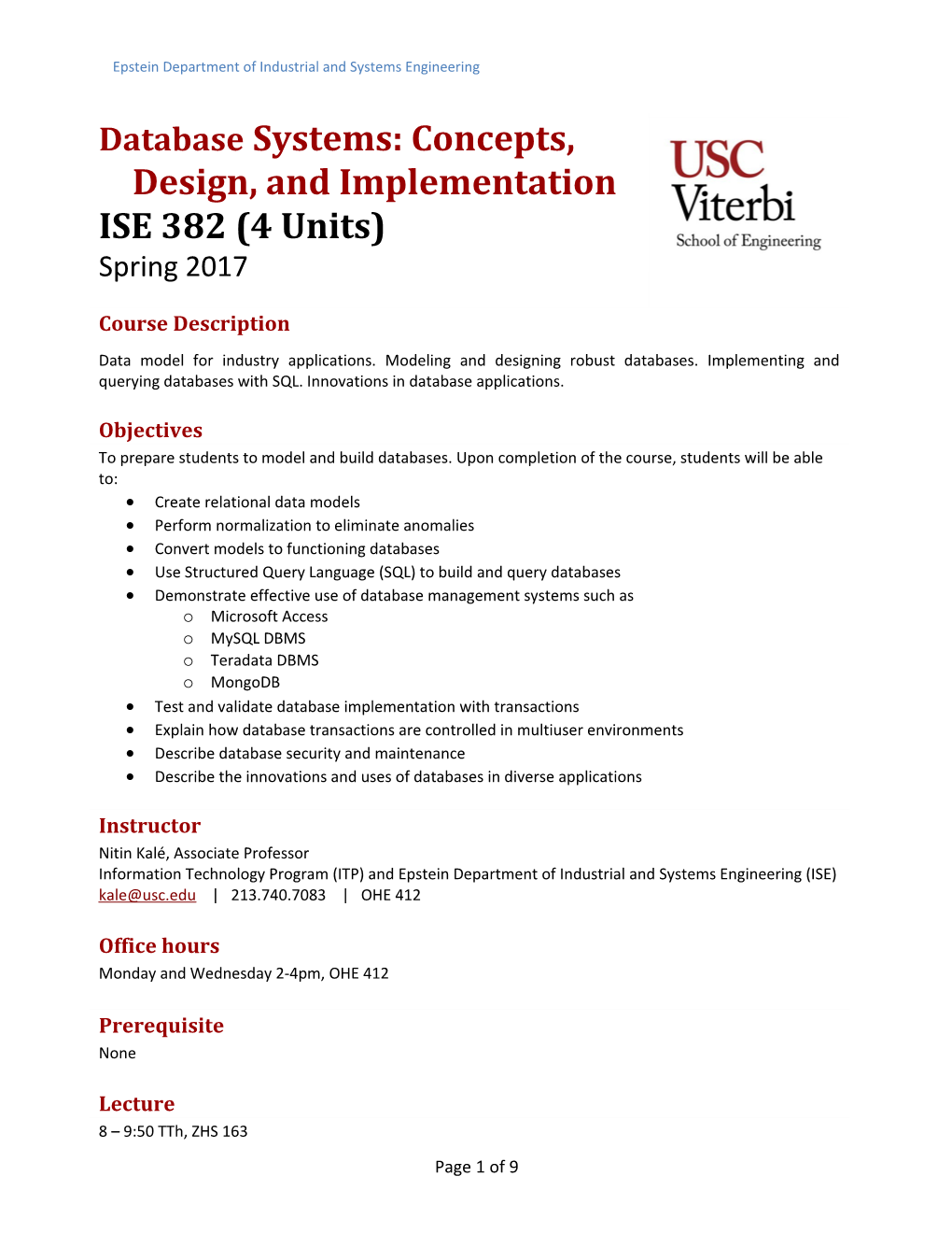 Epstein Department of Industrial and Systems Engineering