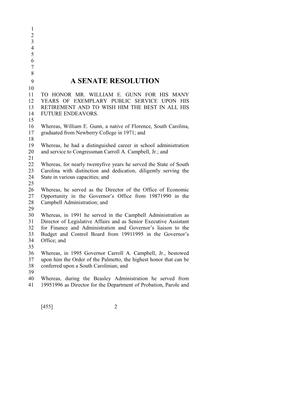 2011-2012 Bill 455: William E. Gunn - South Carolina Legislature Online