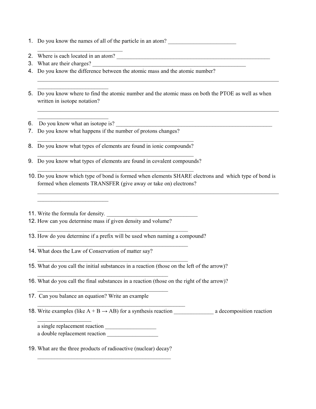 Rejmer First Semester Review Questions