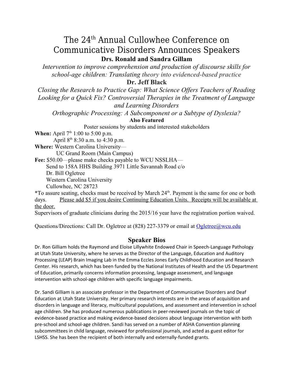 The 24Th Annual Cullowhee Conference on Communicative Disorders Announces Speakers