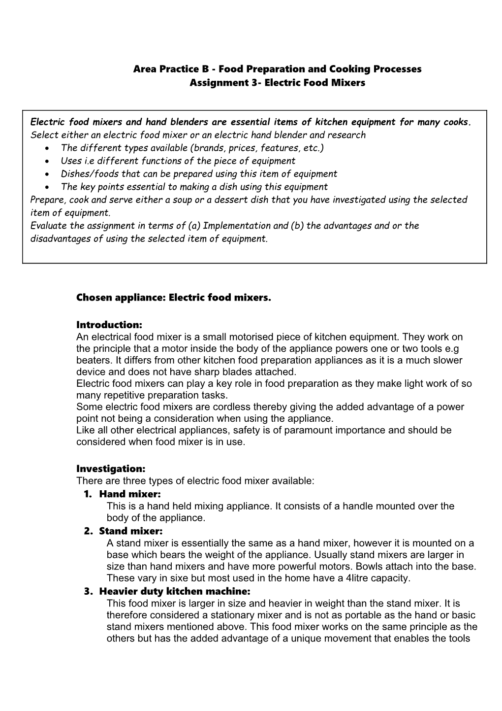 Area Practice B - Food Preparation and Cooking Processes