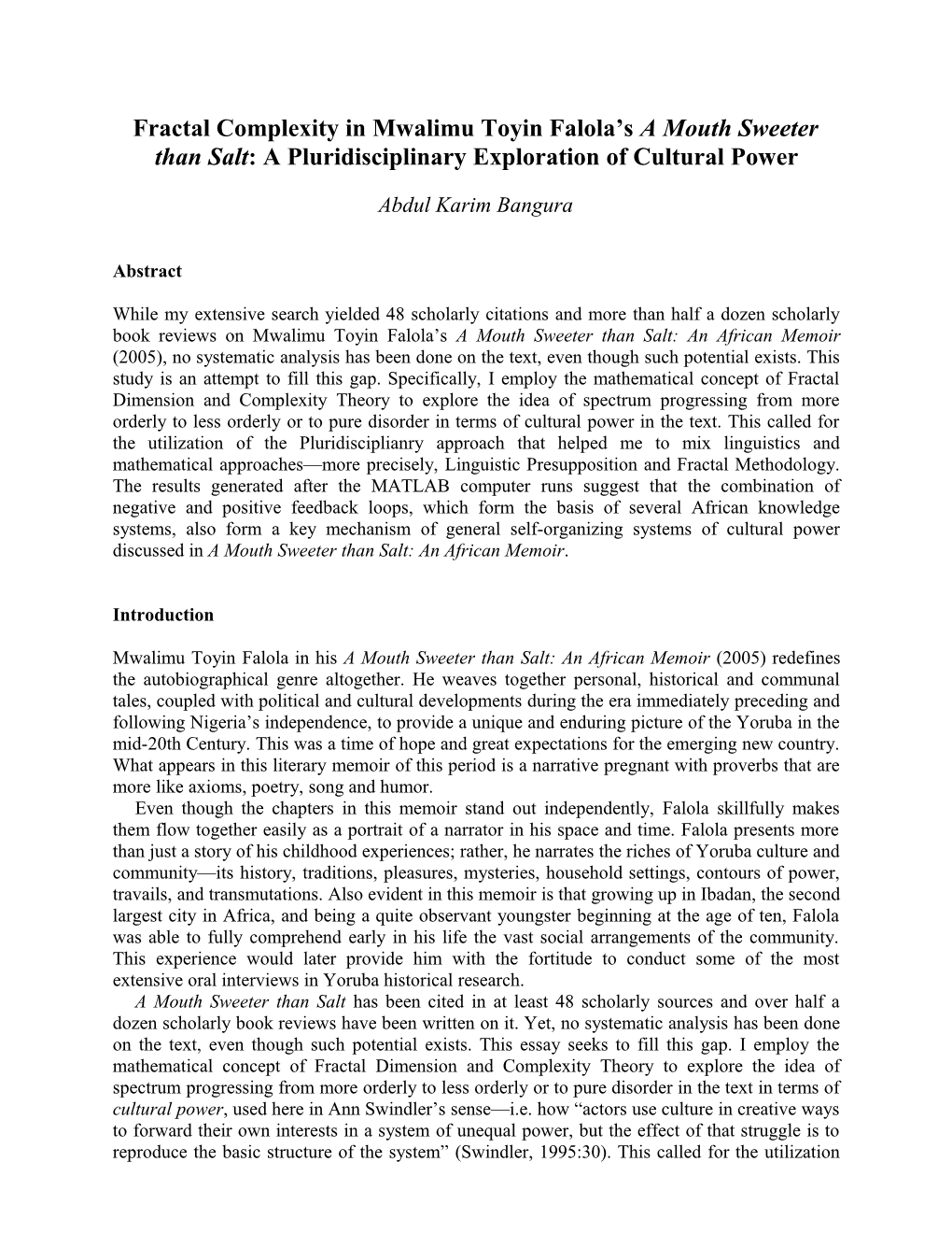 Fractal Complexity in Mwalimutoyinfalola Sa Mouth Sweeter Than Salt: Apluridisciplinary
