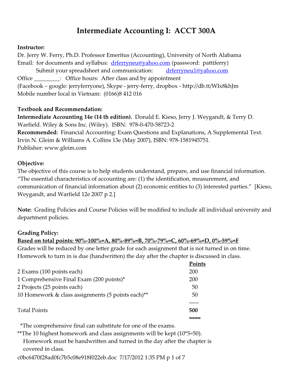 Intermediate Accounting I: ACCT 300A