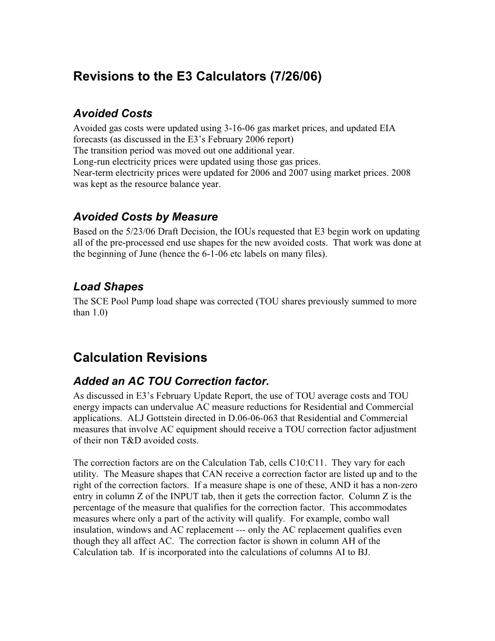 Revisions to the E3 Calculators