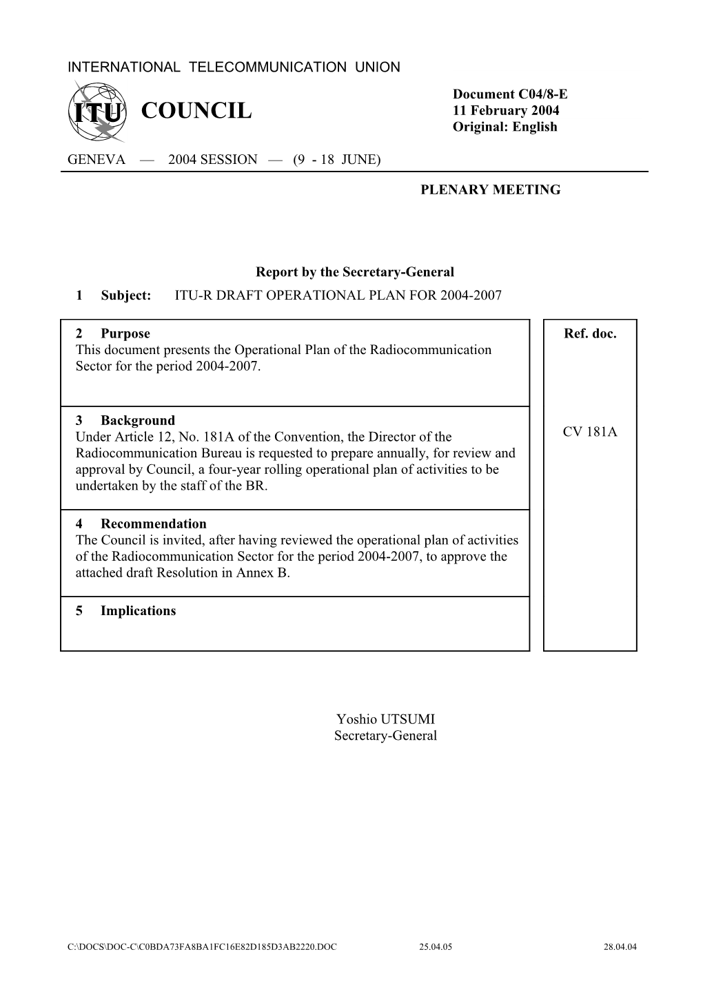 Itu-R Draft Operational Plan for 2004-2007