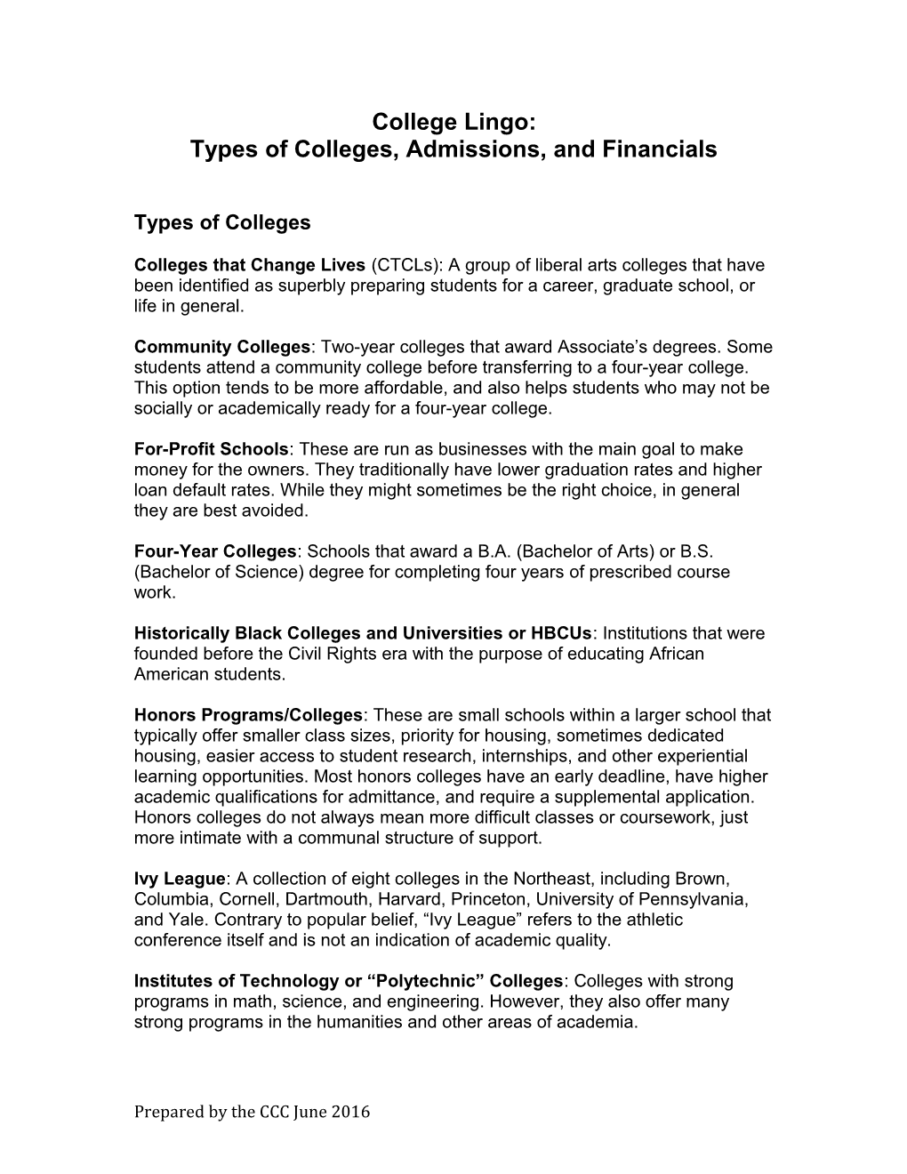 Types of Colleges, Admissions, and Financials