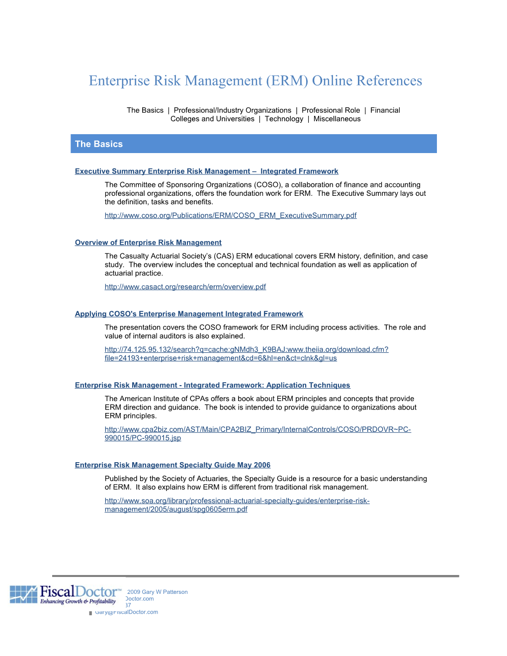 75 Links to Enterprise Risk Management Information on the Web