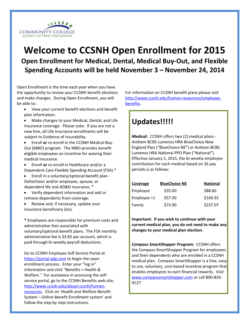 Welcome to CCSNH Open Enrollment for 2015