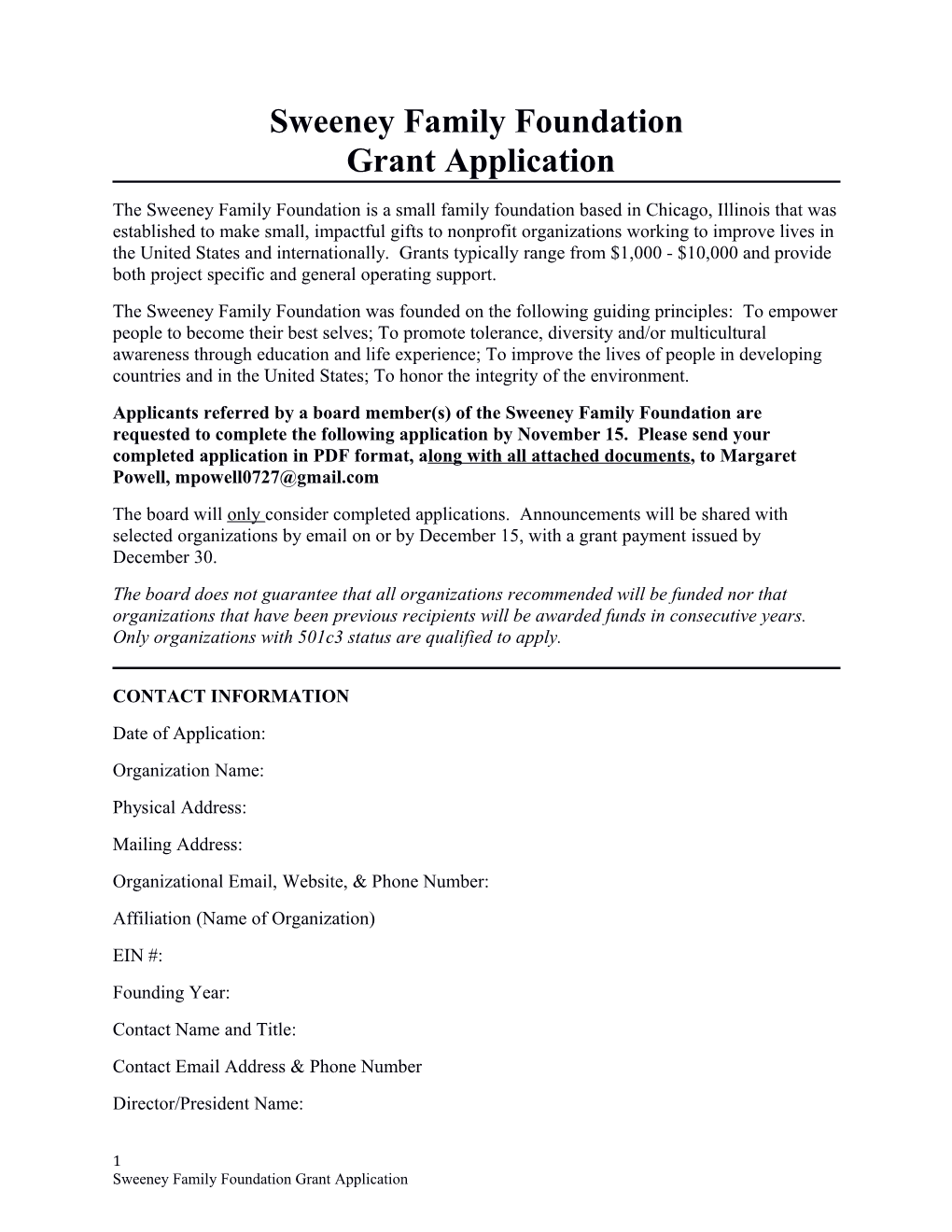 Sweeney Family Foundation Grant Application