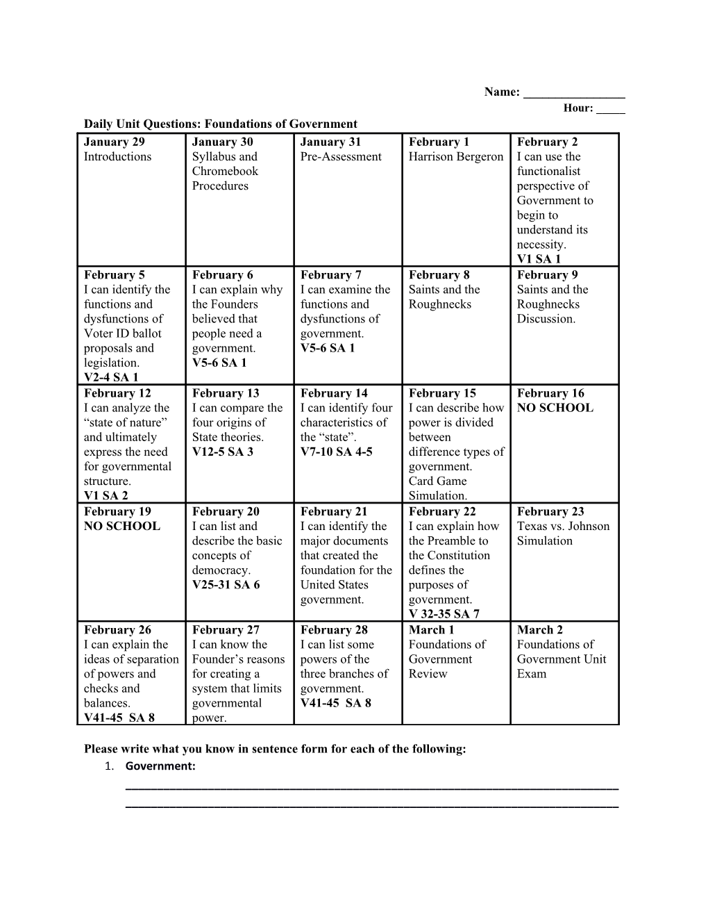 Daily Unit Questions: Foundations of Government