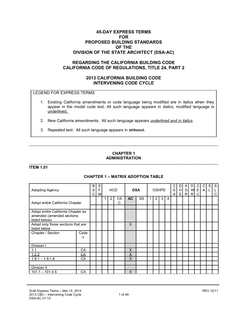 45-Day Express Terms for Proposed Building Standards of the Division of the State Architect