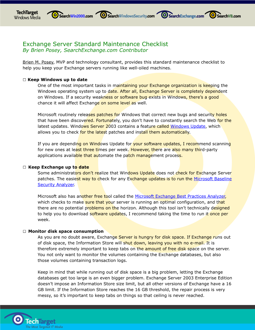 Exchange Server Standard Maintenance Checklist