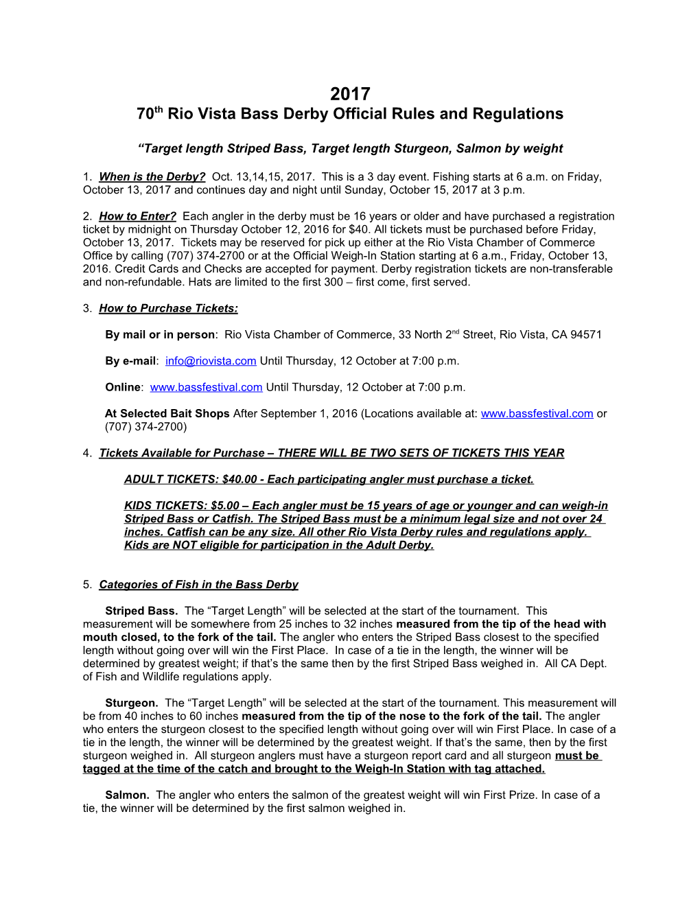 70Th Rio Vista Bass Derby Official Rules and Regulations