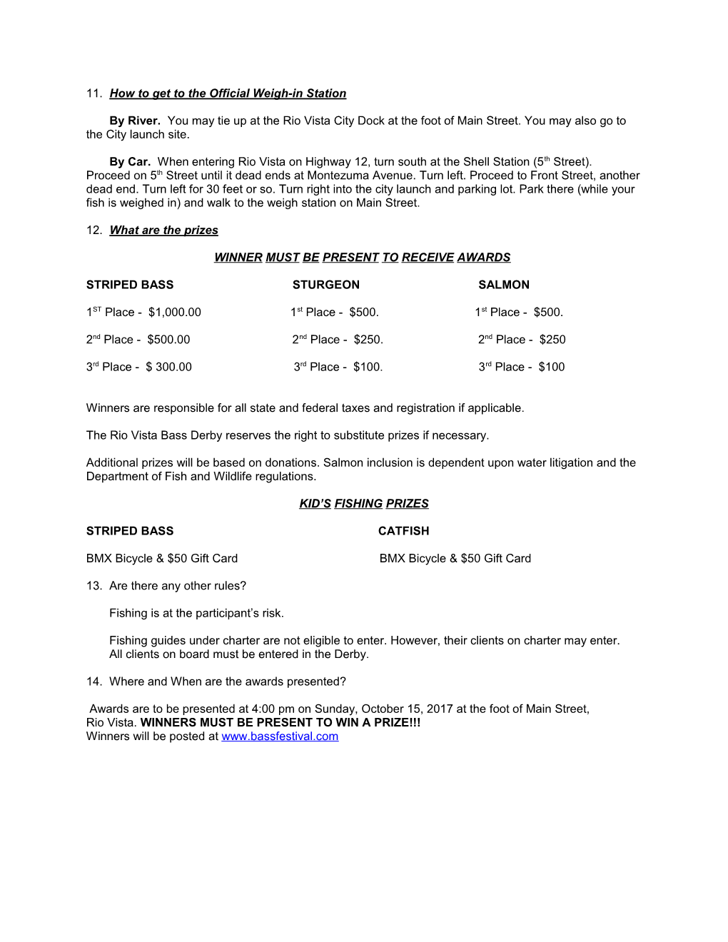 70Th Rio Vista Bass Derby Official Rules and Regulations