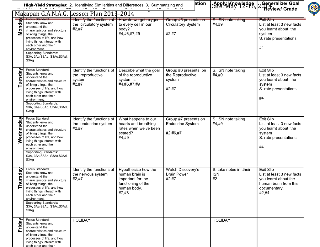 Teacher: E. Vásquez Subject: Life Science Date: May 12-16, 2014