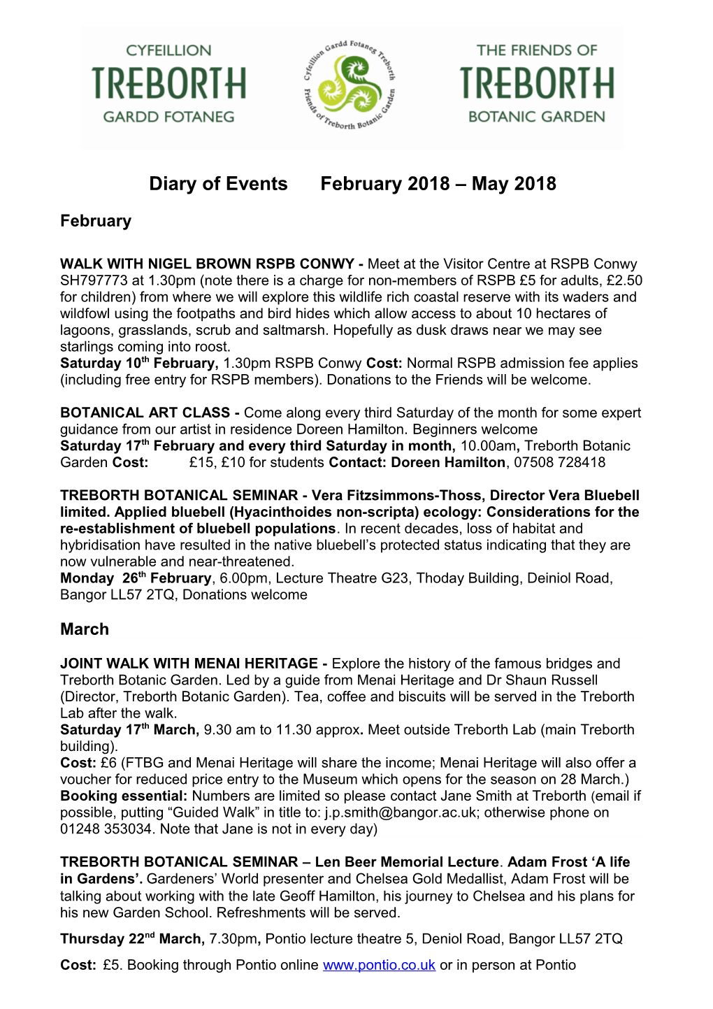 Diary of Events February 2018 May 2018