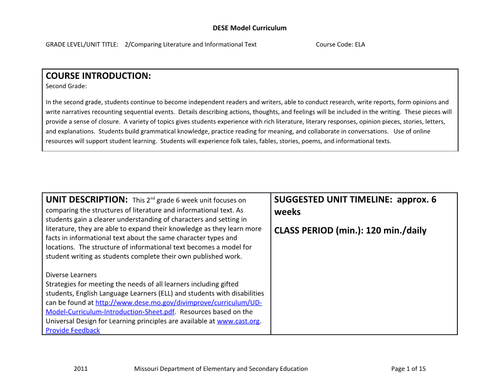 GRADE LEVEL/UNIT TITLE: 2/Comparing Literature and Informational Text Course Code: ELA