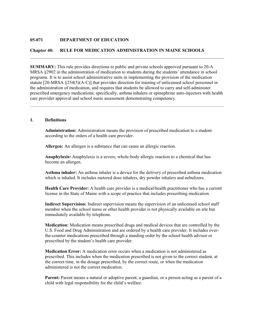 Chapter 40:RULE for MEDICATION ADMINISTRATION in MAINE SCHOOLS