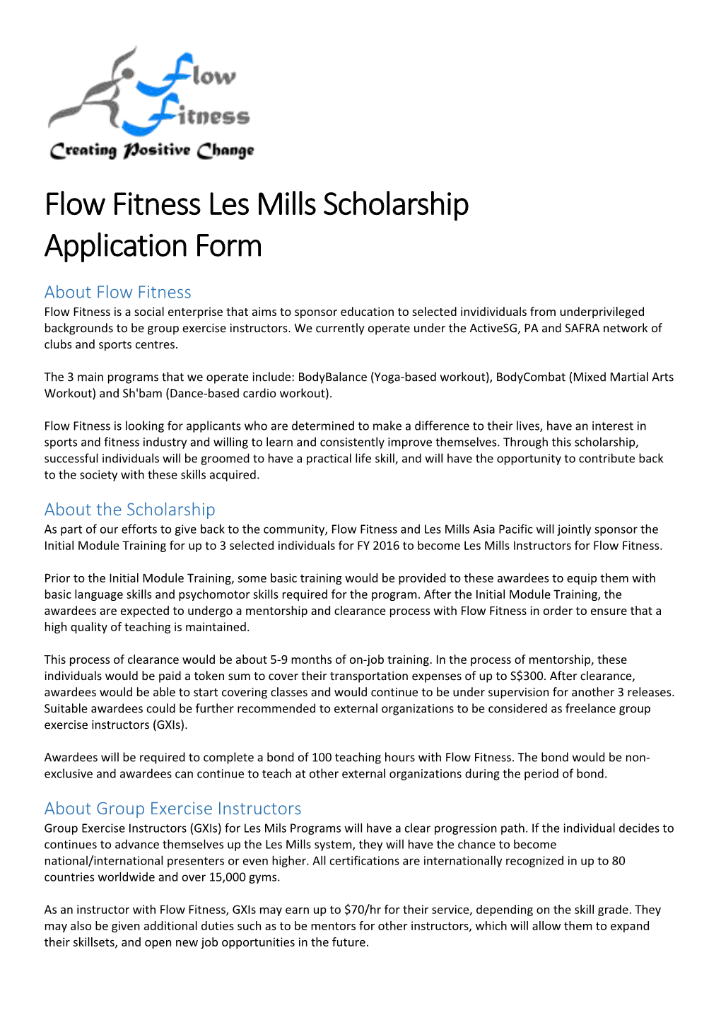 Flow Fitness Les Mills Scholarship Application Form