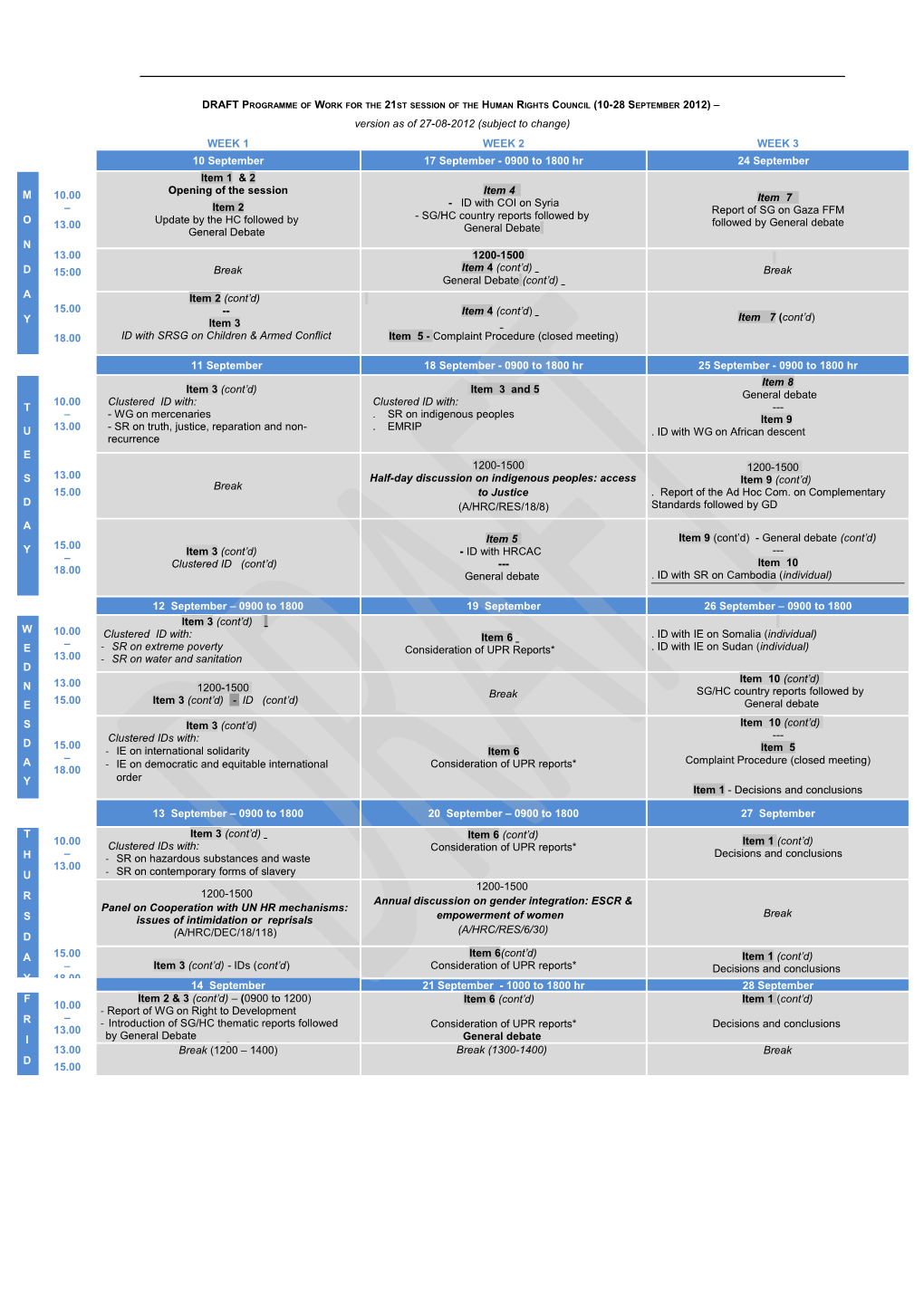 DRAFT Programme of Work for the 21St Session of the Human Rights Council (10-28 September