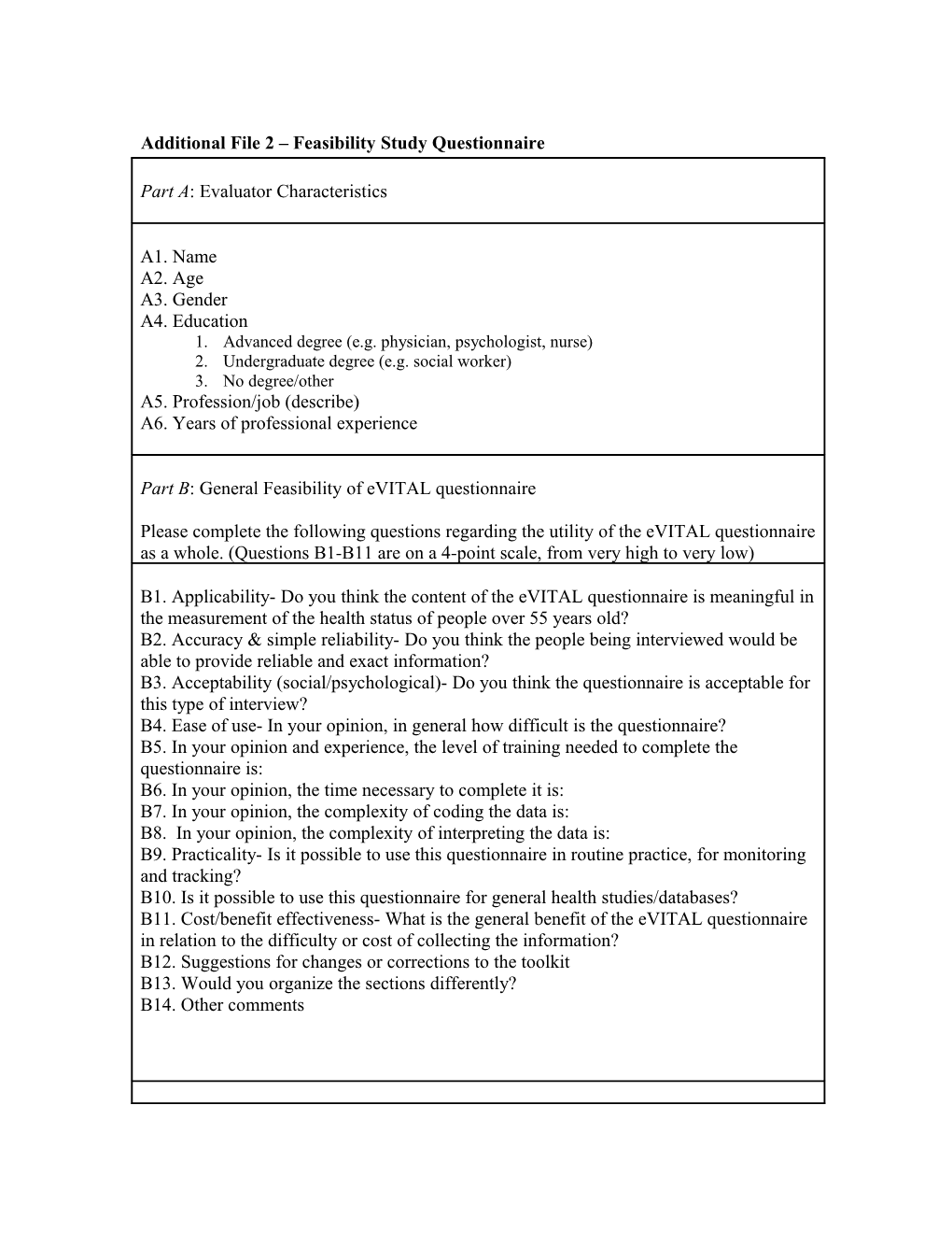 Additional File 2 Feasibility Study Questionnaire