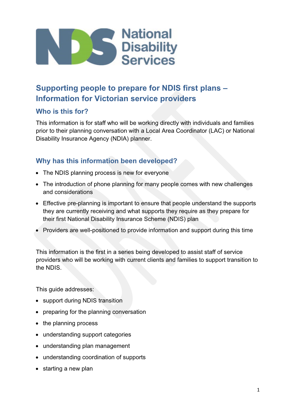 Supporting People to Prepare for NDIS First Plans Information for Victorian Service Providers