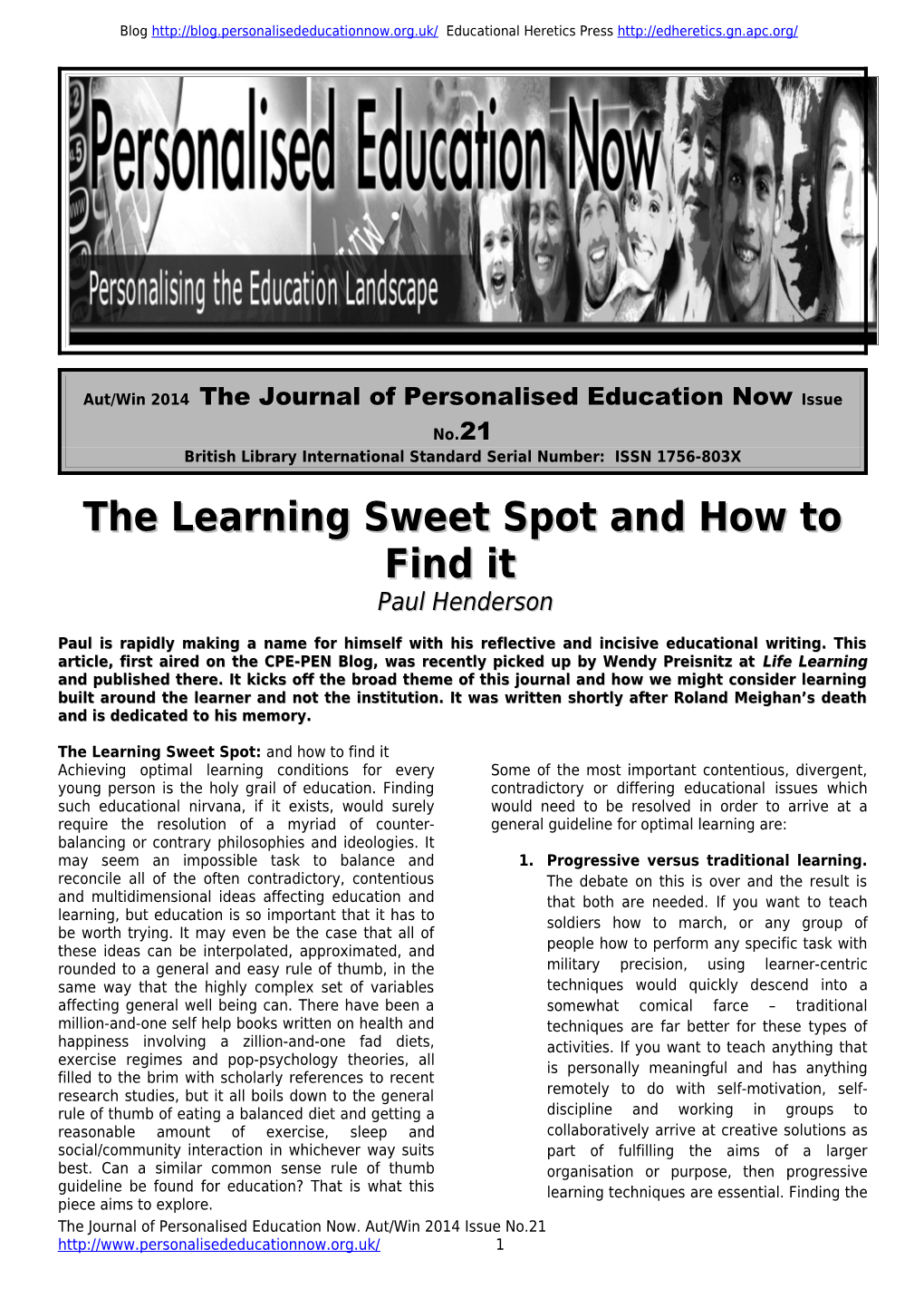 Aut/Win2014 the Journal of Personalised Education Now Issue No.21