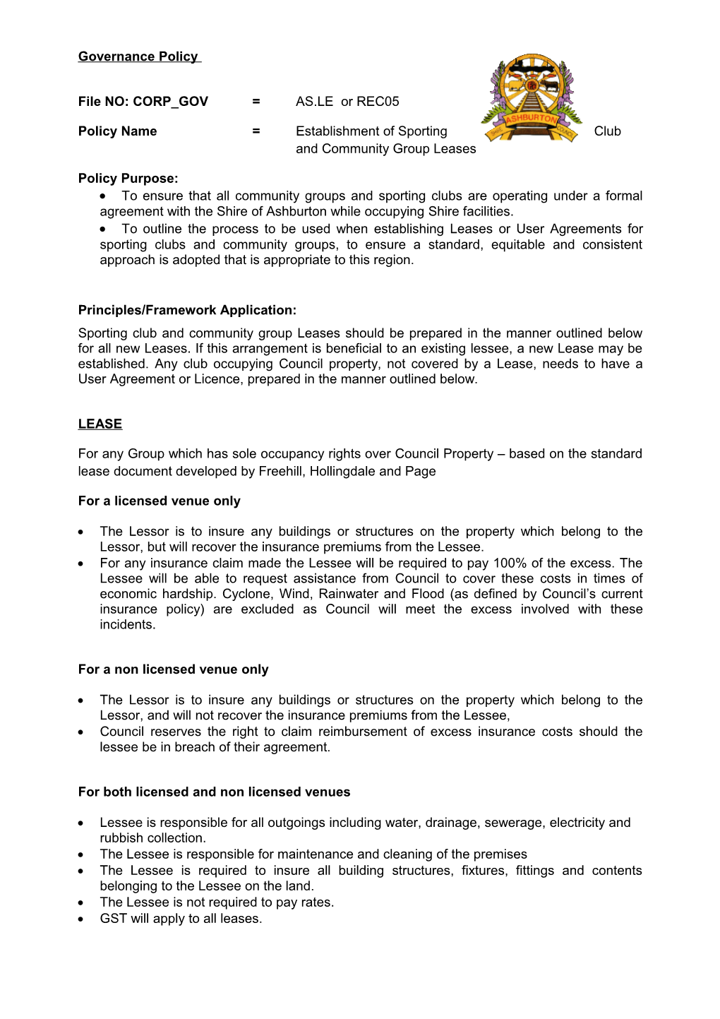 Policy Name=Establishment of Sporting Club and Community Group Leases