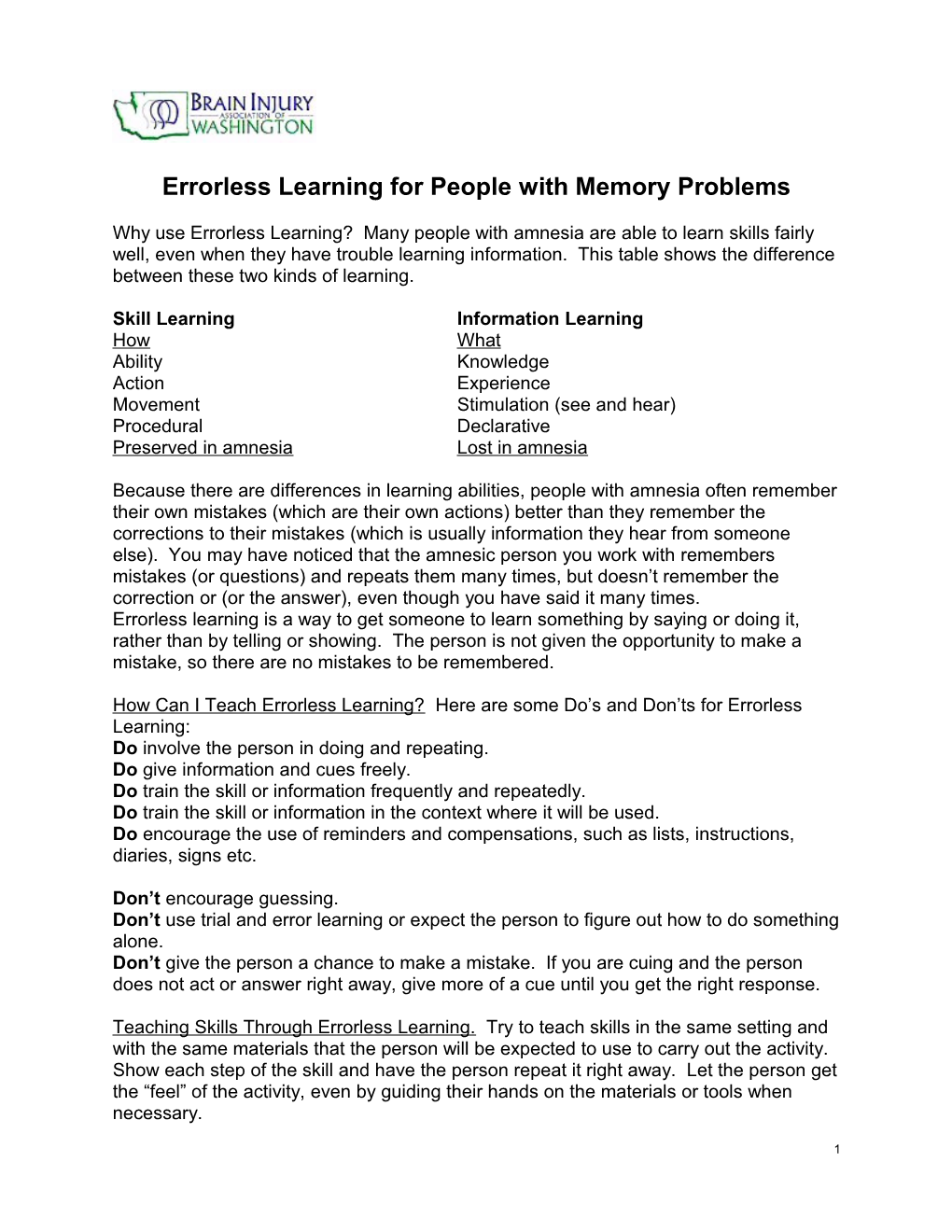 Errorless Learning for People with Memory Problems