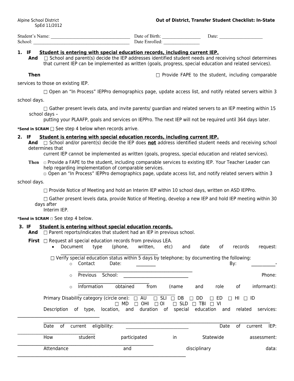 Alpine School District out of District, Transfer Student Checklist:In-State Sped 11/2012