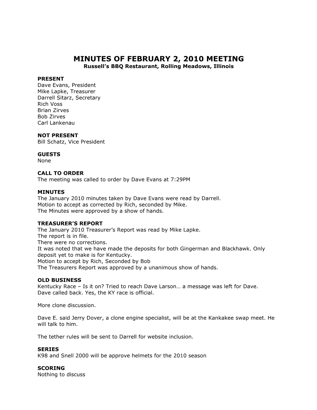 Minutes of February 2, 2010 Meeting