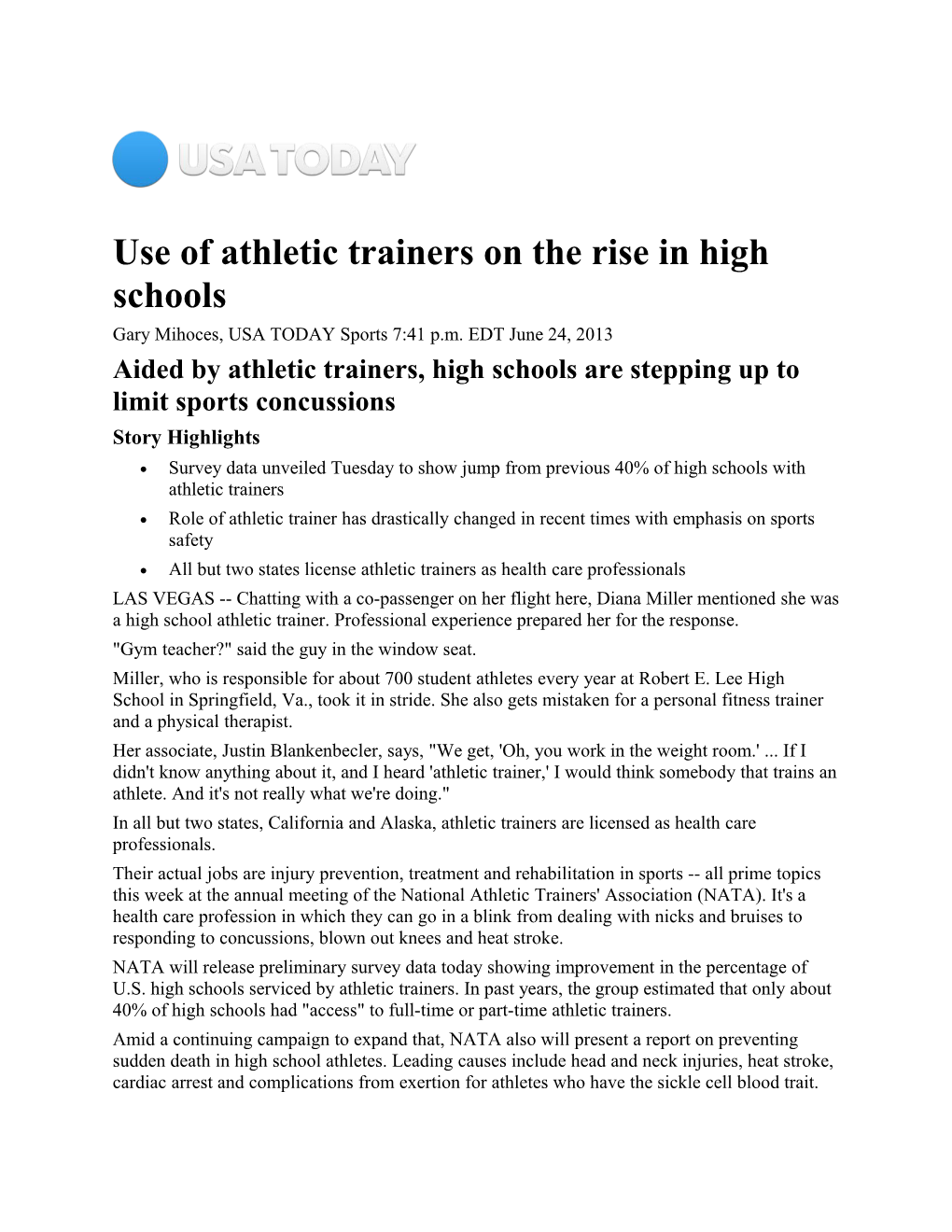 Use of Athletic Trainers on the Rise in High Schools