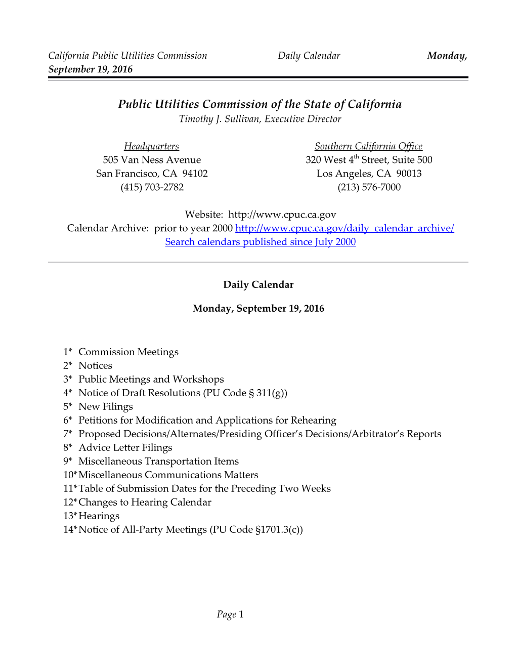 California Public Utilities Commission Daily Calendar Monday, September 19, 2016
