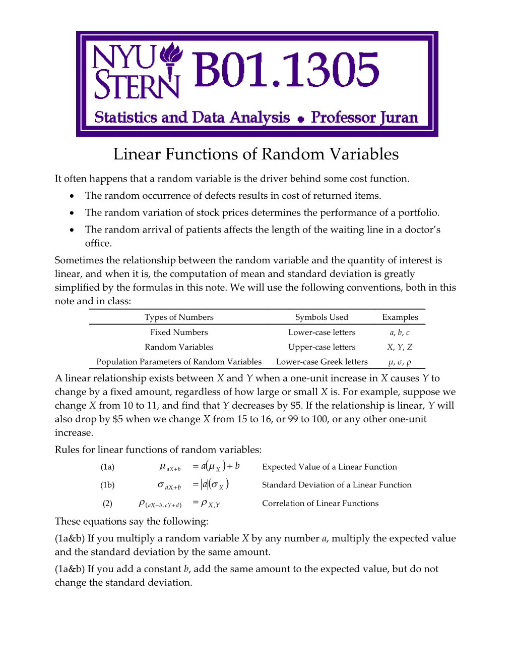 Linear Functions of Random Variables
