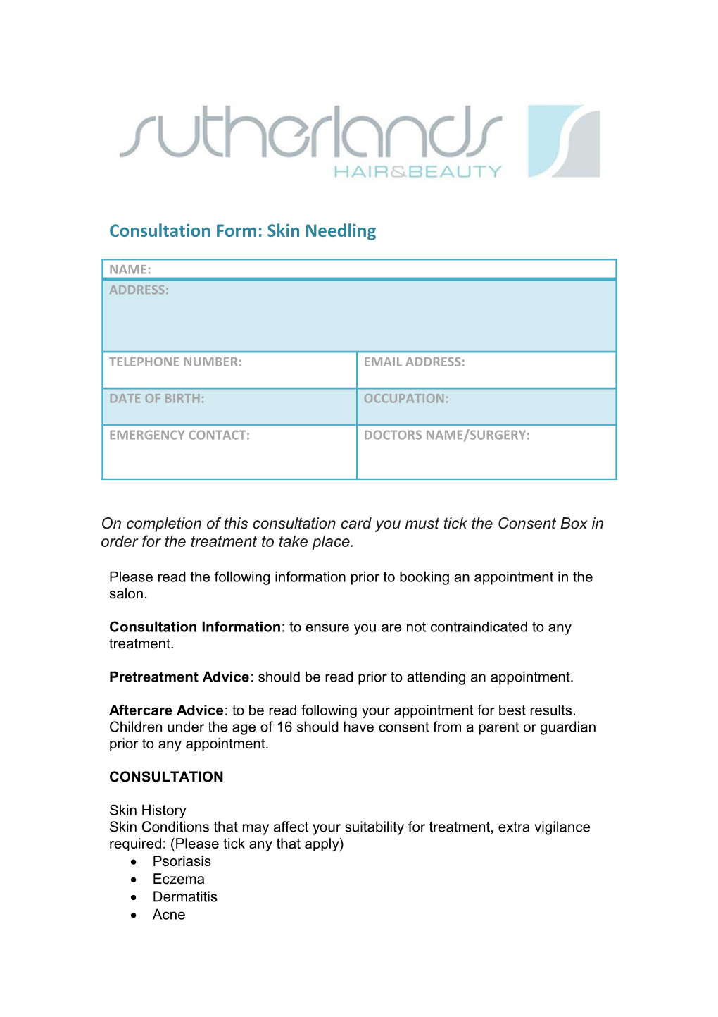 Consultation Form: Skin Needling